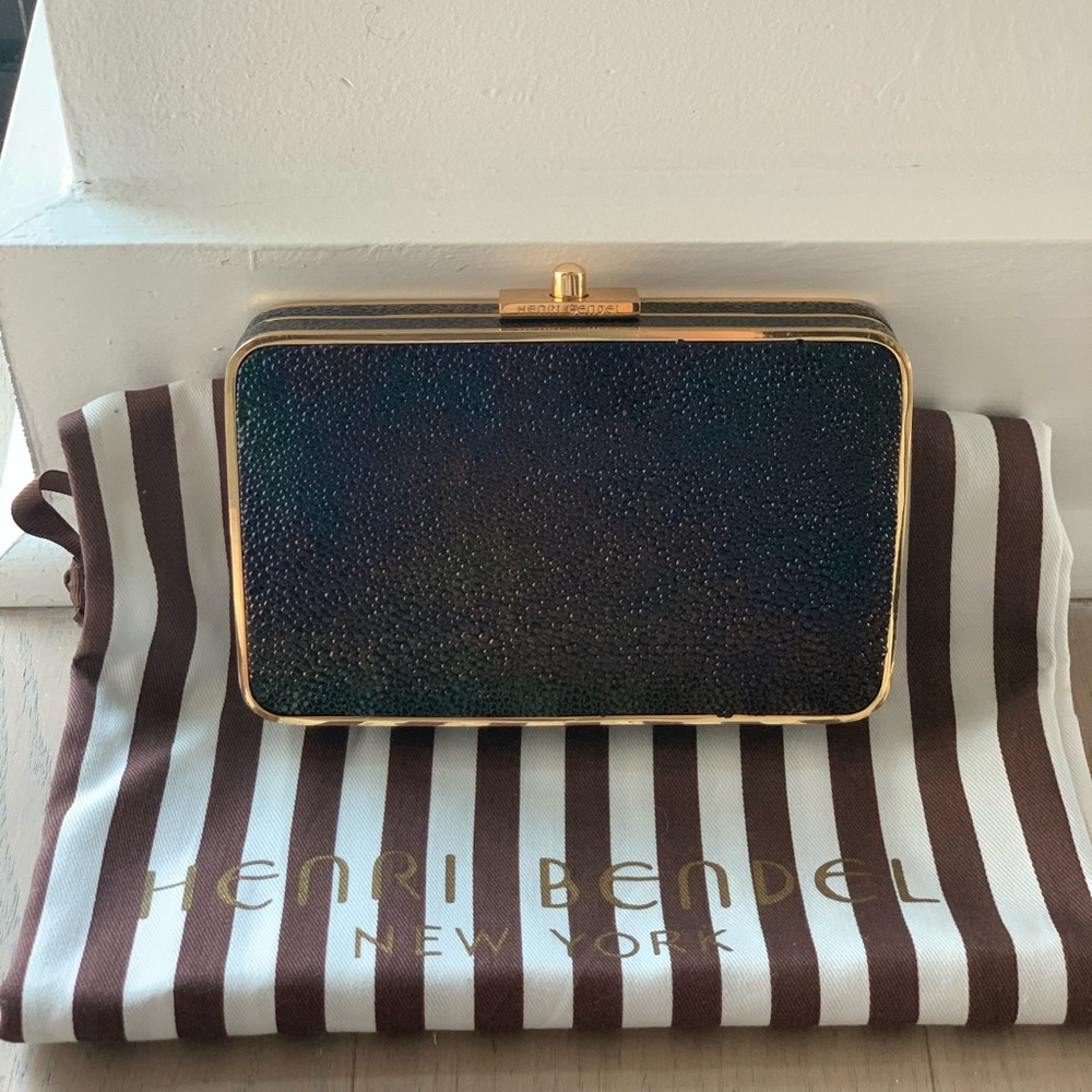 Henri Bendel Petrol Color Leather Clutch.